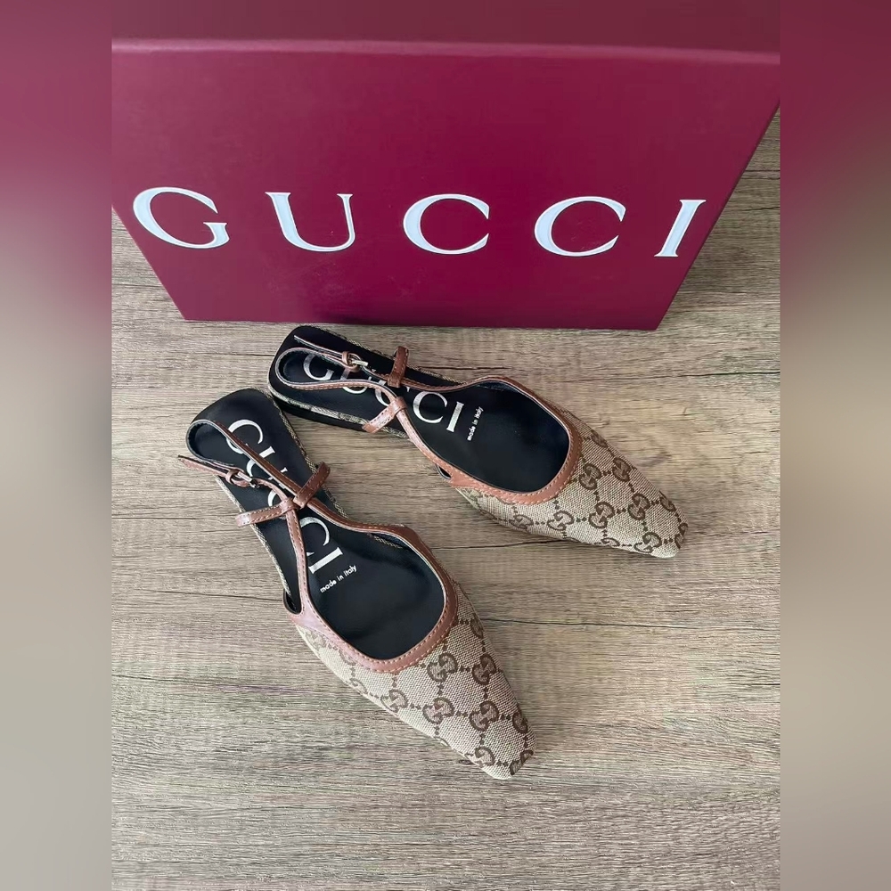 Gucci Beige Monogram Slingback Flats
